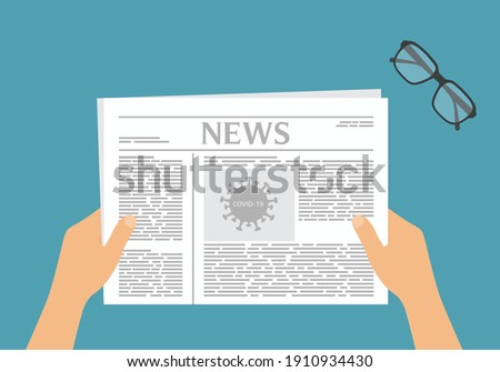 Flat design illustration. Hands of a man or woman holding a newspaper with an article about covid. Glasses on a green background - vector