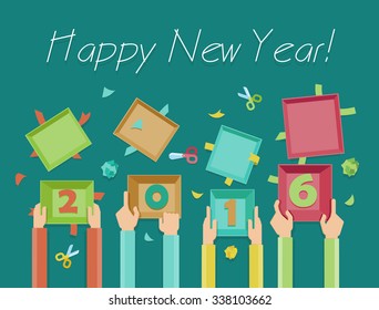 Flat design illustration of hands opening presents on a  New Years Day