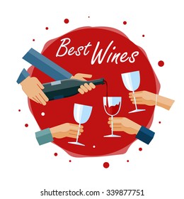 Flat design illustration of hands pouring glasses of wine. 