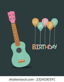  Flat Design Illustration with Happy Birthday Ukulele