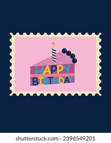 Flat Design Illustration with Happy Birthday Slice Cake,Candle at Stamp