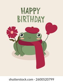  Flat Design Illustration Happy Birthday with Lazy Frog and Flower,Balloon