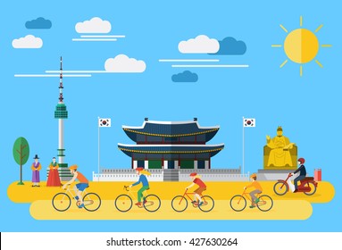 Flat design, Illustration of happy family riding bicycles in South Korea