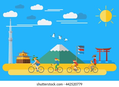 Flat design, Illustration of happy family biking in Japan