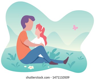 Flat design illustration of happy father and daughter having fun outside and on white background.