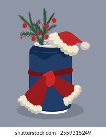 Flat Design Illustration Happy Holiday with Can and Scarf, Santa Hat, Branch