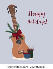 Flat Design Illustration with Happy Holidays and Ukulele