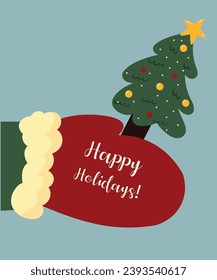 Ilustración de diseño plano con alegre amante de las vacaciones y árbol de Navidad ,decoración