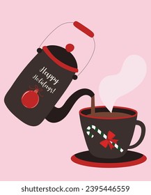 Flat Design Illustration with Happy Holidays Kettle and Cup Of Coffe,Candy Can