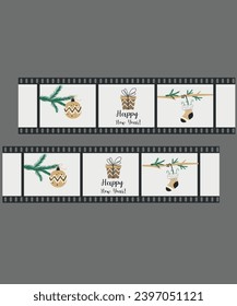 Flat Design Illustration with Happy New Year,Ball, Present,Fir Branch at Film Roll