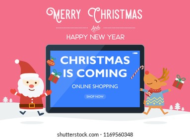 Flat design, Illustration of happy Santa and reindeer jumping in front of a tablet.