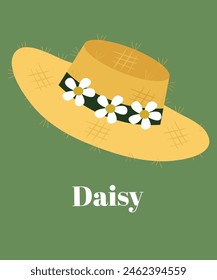  Flat Design Illustration and Hat Straw at Daisy Pattern