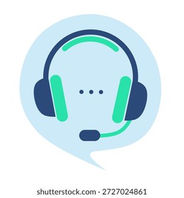 A flat design illustration of a headset with microphone placed inside a speech bubble, featuring a green and blue color combination, representing customer service, call center concepts