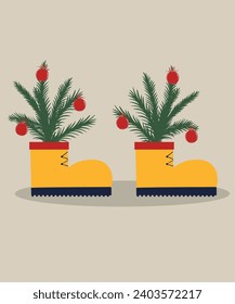 Flat Design Illustration with Hiking Boots and Branch,Decorations