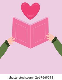 Ilustración de diseño plano que sostiene el libro abierto y los corazones