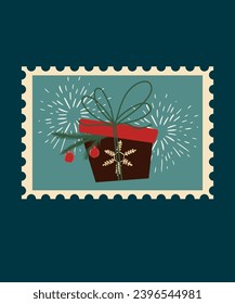 Flat Design Illustration with Holidays Present,Christmas Tree Branch at Stamp