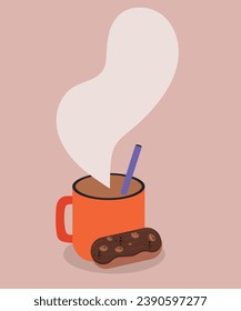 Flat Design Illustration With Hot Drink and Chocolate Eclair
