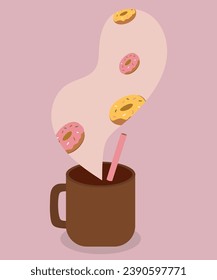 Flat Design Illustration With Hot Drink and Donuts