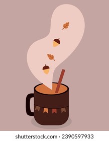 Flat Design Illustration With Hot Drink and Cupcake, Acorn, Leaves