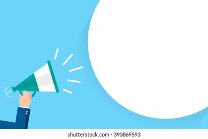 Flat design illustration of human hand holding megaphone with bubble speech template