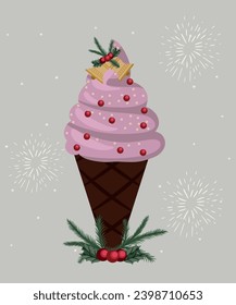 Flat Design Illustration with Ice Cream and Holly Bell