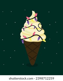 Flat Design Illustration with Ice Cream and Christmas tree lights