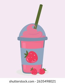 Flat Design Illustration with Ice Cream Milkshake at Strawberry Taste