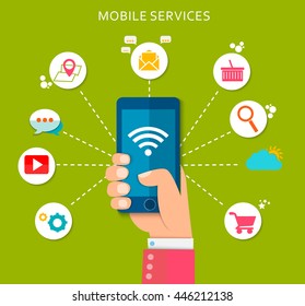 Flat design illustration with icons. Mobile services