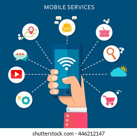 Flat design illustration with icons. Mobile services