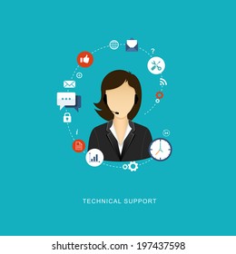 Flat design illustration with icons. Technical support assistant