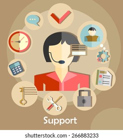 Flat design illustration with icons. Technical support assistant