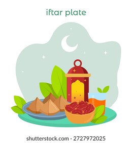 Flat design illustration of an Iftar plate with dates, samosas, juice, and a Ramadan lantern under a crescent moon. Perfect for festive Islamic holiday themes.