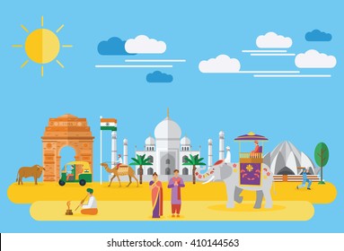 Flat design, Illustration of India landmarks and icons