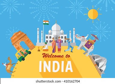 Diseño plano, Ilustración de Lugares famosos e iconos de India