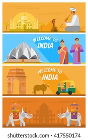 Flat design, Illustration of India landmarks and icons