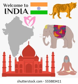 Flat design, Illustration of India landmarks and icons.