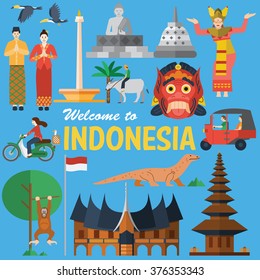 Flat design, Illustration of Indonesia Icons and landmarks