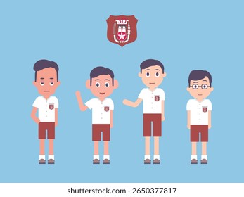 Flat Design Illustration of Indonesian School Boys in Uniform with School Emblem and Blue Background