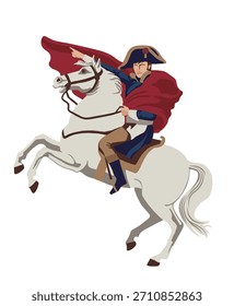Ilustración de diseño plano inspirada en Napoleón cruzando los Alpes: concepto de liderazgo heroico.