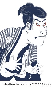 Ilustración de diseño plano inspirada en el actor Kabuki de Sharaku. Arte tradicional japonés, Ukiyo-e. Dibujo de línea, expresión de dos colores