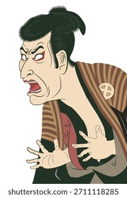 Ilustração de design plano Inspirada no ator kabuki de Sharaku. Rosto surpreso, arte tradicional japonesa, Ukiyo-e