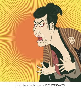 Ilustración de diseño plano inspirado en el actor Kabuki de Sharaku. Cara sorprendida, arte tradicional japonés, fondo de línea concentrada de Ukiyo-e.