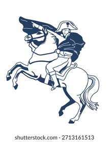Ilustración de diseño plano inspirada en Napoleón cruzando los Alpes: concepto de liderazgo heroico. Arte lineal.