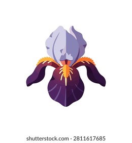 A flat design illustration of an iris flower featuring deep purple lower petals and light lavender upper petals with orange accents.