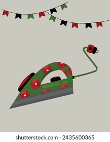 Flat Design Illustration with Iron at Red Flowers Pattern
