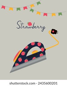 Flat Design Illustration with Iron at Strawberry Pattern