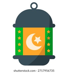 Una ilustración de diseño plano de una linterna islámica con un motivo de luna creciente y estrella, que simboliza el Ramadán y la cultura islámica.