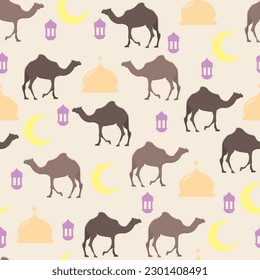 Flat design illustration of islamic new year seamless pattern with camles moon mosque and lanterns