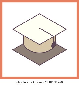 Flat design illustration, Isometric line art icon, graduation hat icon.