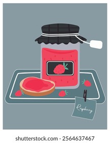 Flat Design Illustration with Jam,Toaster at Raspberry Taste